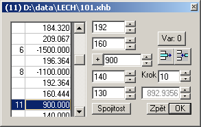 jsou prvky pro ovládání délek přechodnic a poloměru prvku. Je možné buď zadávat čísla do příslušných oken nebo použít šipky a měnit hodnoty v daném kroku.