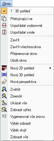 Hlavní menu 5.3 OKNO V bodu menu Okno jsou zcela nahoře uvedeny všechny otevřené nebo v projektu uložené 2D nebo 3D pohledy. Požadovaný pohled lze otevřít kliknutím.