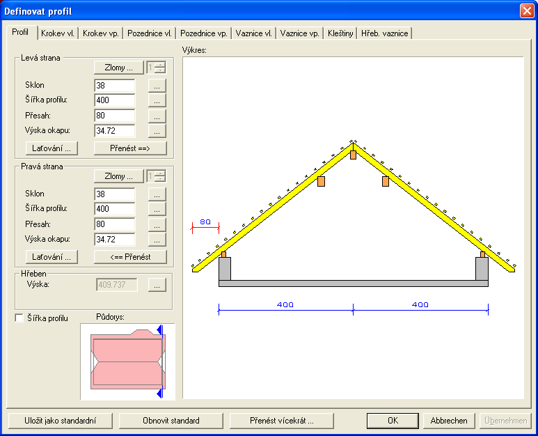 Střešní průvodce V nabídce vlastností Profil/sklon, Krokve vlevo, Krokve vpravo, Pozednice vlevo, Pozednice vpravo, Vaznice vlevo, Vaznice vpravo, Kleštiny a Hřebenová vaznice je možné zadat rozměry