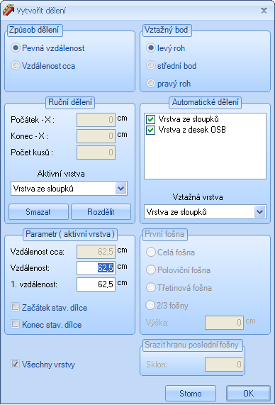 Příklad zadání 3: Dřevěné stěny (Sektor A) Způsob dělení: Zde lze zvolit, zda má být použit pevný nebo proměnný rozměr dělení. Vztažný bod: Stanovení výchozího bodu dělení.