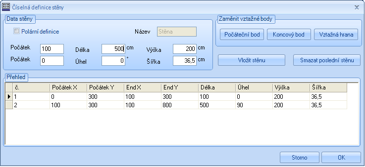 Popis funkcí 2. Varianta: Po kliknutí na počáteční bod se pravým tlačítkem myši stanoví poloha stěny (svisle, vodorovně, pod úhlem, volně). Stěna zůstává automaticky ve zvolené poloze.