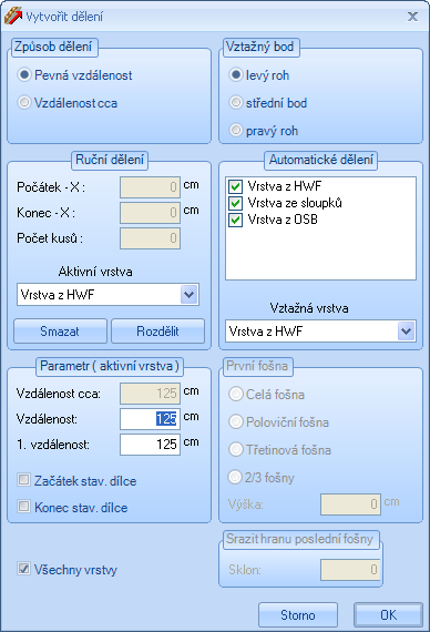 Popis funkcí Způsob dělení: Zde je možné zvolit, zda má být použit pevný nebo proměnný rozměr dělení. Vztažný bod: Stanovení výchozího bodu dělení. Stěna je přitom nahlížena z vnější strany.