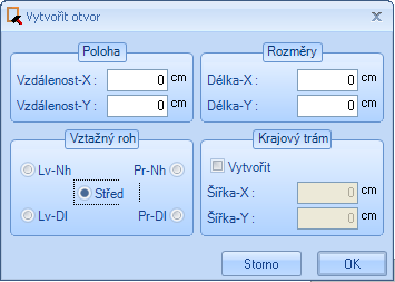 Popis funkcí Vytvořit otvor: Touto funkcí je možné vytvořit otvory v trámovém stropu. Nejprve je nutné zadat vztažný bod. Nyní je možné pomocí myši otvor umístit.