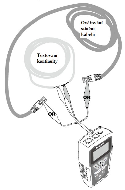 Živé telekomunikační vybavení a test routeru Upozornění! - Tuto funkci lze použít pouze pro testování kontinuity a otevření kabelu. Nelze ji použít pro překřížení a zkraty.