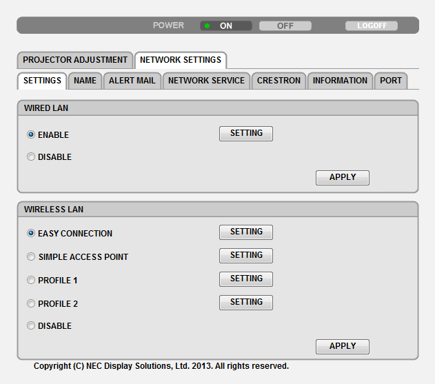 3. Praktické funkce NASTAVENÍ SÍTĚ NASTAVENÍ KABELOVÁ či BEZDRÁTOVÁ SETTING APPLY DHCP ON DHCP OFF IP ADDRESS SUBNET MASK GATEWAY AUTO DNS ON AUTO DNS OFF Nastavení pro kabelovou nebo bezdrátovou síť