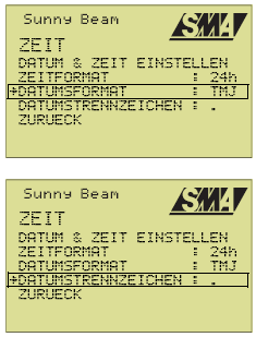 Ovládání Sunny Beam 6.4.3 Nastavení reálného času a data Reálný čas je v normálním zobrazení zobrazován v pravém horním rohu displeje. 1. V hlavním menu zvolte položku ČAS. 2.