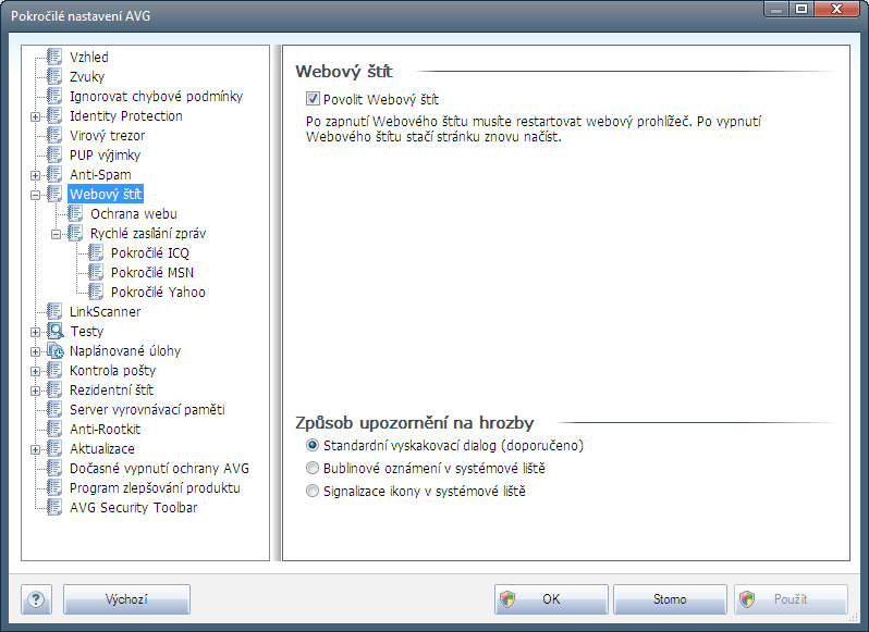9.8. Webový štít Dialog Webový štít nabízí možnost celkové aktivace/deaktivace komponenty Webový štít prostřednictvím označení položky Povolit Webový štít (ve výchozím nastavení zapnuto).