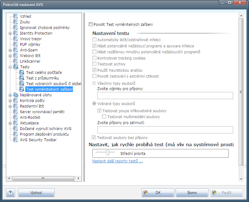 Veškeré parametry nastavené v tomto konfiguračním dialogu se vztahují pouze na ty oblasti vašeho počítače, které jste vybrali pro testování v rámci Testu vybraných souborů či složek!