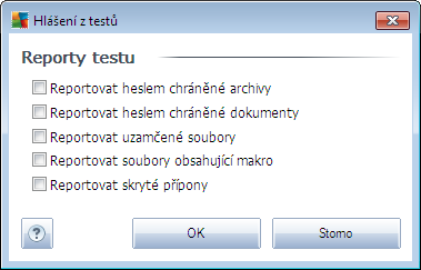 Všechny typy souborů - přičemž máte zároveň možnost vyjmout z testování soubory definované seznamem přípon oddělených čárkou (po uložení se čárky změní na středníky); Vybrané typy souborů - můžete se