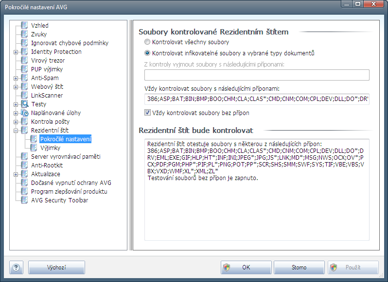 9.13.1. Pokročilé nastavení V dialogu Soubory kontrolované Rezidentním štítem máte možnost nastavení kontroly souborů a dokumentů vybraných typů (konkrétních přípon): Rozhodněte, zda chcete
