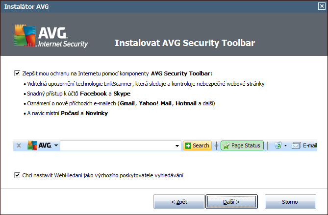 4.5. Instalovat AVG Security Toolbar V dialogu AVG Security Toolbar rozhodněte, zda si v rámci AVG Internet Security 2011 přejete nainstalovat i službu AVG Security Toolbar.