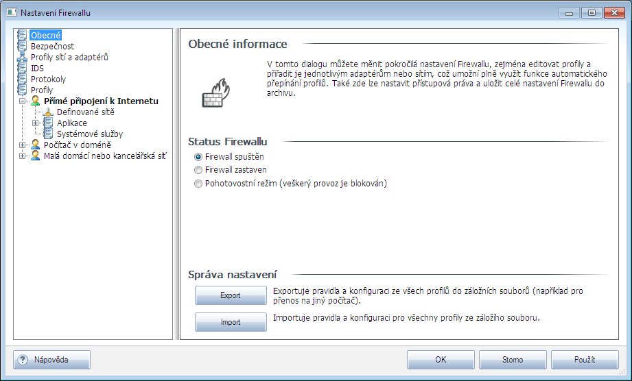 10. Nastavení Firewallu Konfigurace Firewallu se otevírá v samostatném okně, kde můžete na několika dialozích nastavit velmi pokročilé parametry komponenty.
