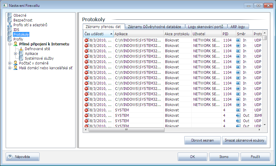 10.5. Protokoly Dialog Protokoly nabízí seznamy všech protokolovaných událostí Firewallu s přehledem parametrů jednotlivých událostí (čas události, jméno aplikace, která se pokoušela navázat spojení,
