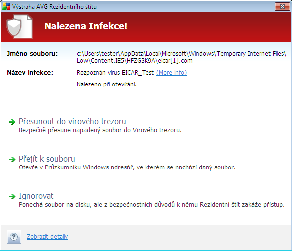 V dialogu je uvedena informace o souboru, který byl detekován jako infikovaný (Jméno souboru) a jméno rozpoznané infekce (Název infekce).