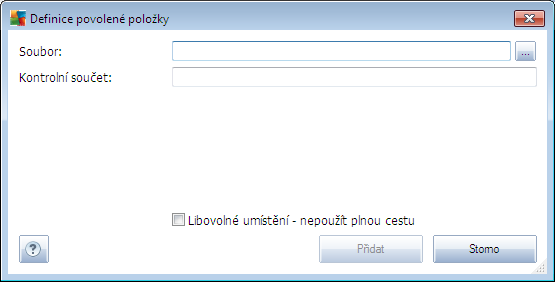 o Soubor - zadejte plnou cestu k souboru, který chcete označit jako výjimku o Kontrolní součet - uvádí unikátní "podpis" vybraného souboru automaticky vygenerovaný řetězec znaků, který umožní