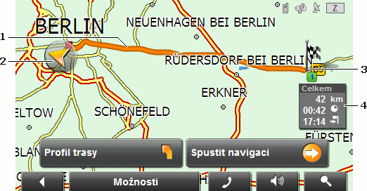 8.2 Mapa v režimu Náhled Zadali jste cíl a klepli na tlačítko Spustit navigaci. - NEBO - Naplánovali nebo načetli jste trasu a klepli na tlačítko Zobrazit trasu. Mapa se otevře v režimu Náhled.