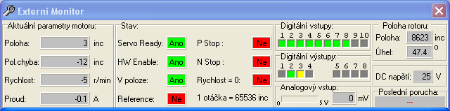 3.3 MENU Monitor V menu monitor je možno sledovat stav servozesilovače (vstupy, výstupy, napětí) a motoru (poloha, poziční chyba, rychlost, proud, porucha).