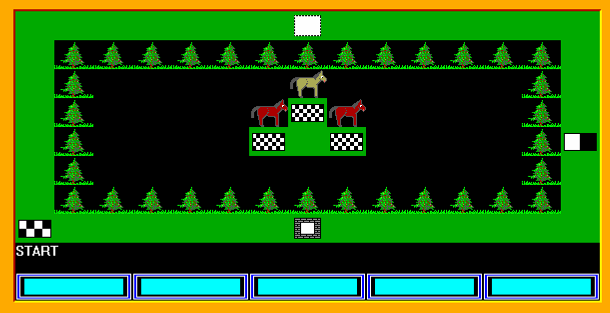 3. ÚLOHA Velká Pardubická (67 bodů) a. Na obrazovce se najednou objeví obrázek závodní dráhy, pod ní jsou boxy a koně, uprostřed jsou stupně pro vítěze.