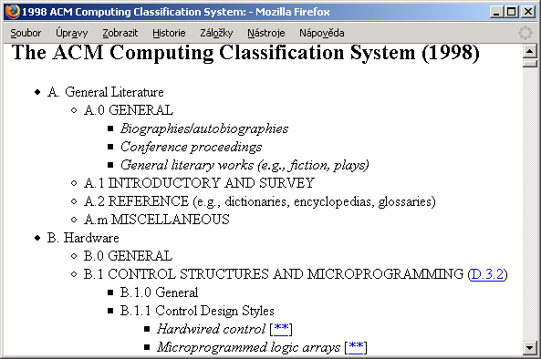 4.2. PERSONALIZACE VYHLEDÁVACÍHO SYSTÉMU Obrázek 4.5: Část výpisu hierarchie CCS tříd, zdroj: ACM DL - http://www.acm.org/class/1998/ccs98.html 4.2.5.1 Úložiště profilů Informace z uživatelských profilů je potřeba někam trvale uložit.