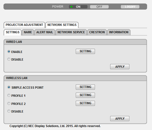 3. Praktické funkce NASTAVENÍ SÍTĚ NASTAVENÍ KABELOVÁ či BEZDRÁTOVÁ SETTING APPLY DHCP ON DHCP OFF IP ADDRESS SUBNET MASK GATEWAY AUTO DNS ON AUTO DNS OFF Nastavení pro kabelovou nebo bezdrátovou síť