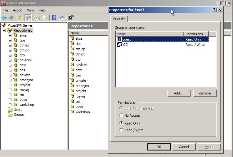 Nastavení práv pro jednotlivé repozitory se dá provést pomocí admnistrační konzole.