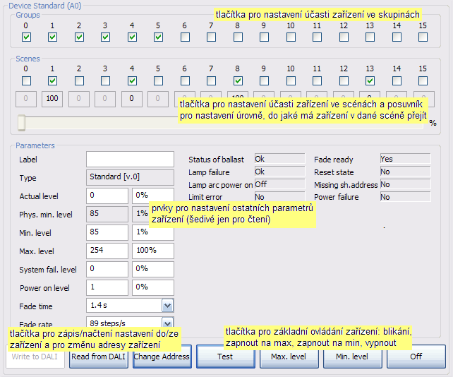 1.7.1. Nevyčtené parametry U některého parametru vybraného DALI zařízení může být místo vyčtené hodnoty uveden znak? (otazník). Znamená to, že se požadovaný parametr nepodařilo vyčíst.