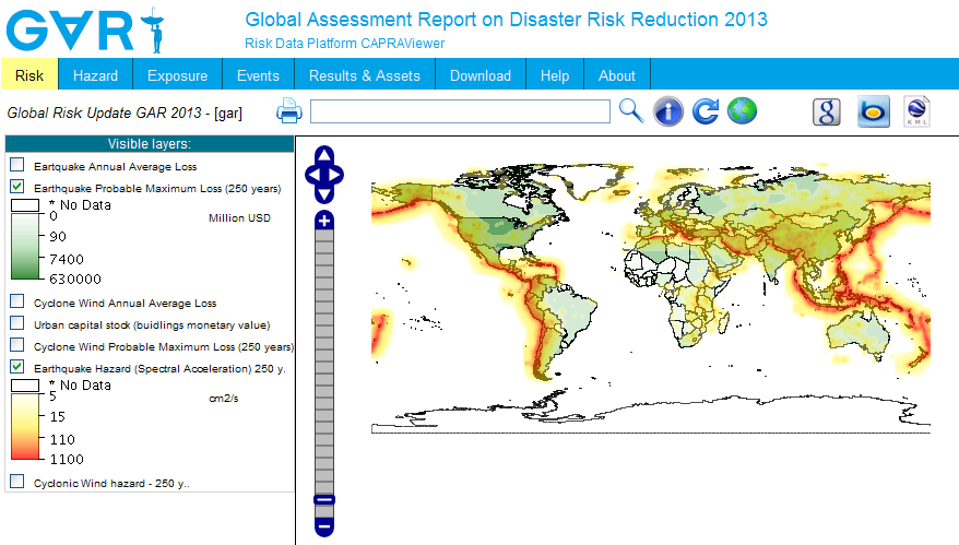 Portál Risk Prevention Web vyhodnocuje potenciální dopady některých přírodních pohrom (hurikány, zemětřesení, tsunami, cyklóny) na určité lokality či státy.