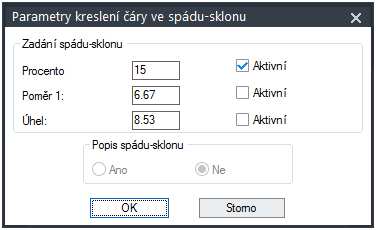 - Čára ve spádu/sklonu Kreslí čáru v zadaném spádu/sklonu. Nastavení spádu/sklonu je pomocí dialogu. Čára je kreslena ze zvoleného bodu tažení.