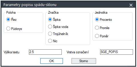 - Výškové kóty Funkce provede nakreslení výškové kóty včetně výpočtu hodnoty při volbě "Počítej". Nastavení parametrů a volby příkazovým řádkem.