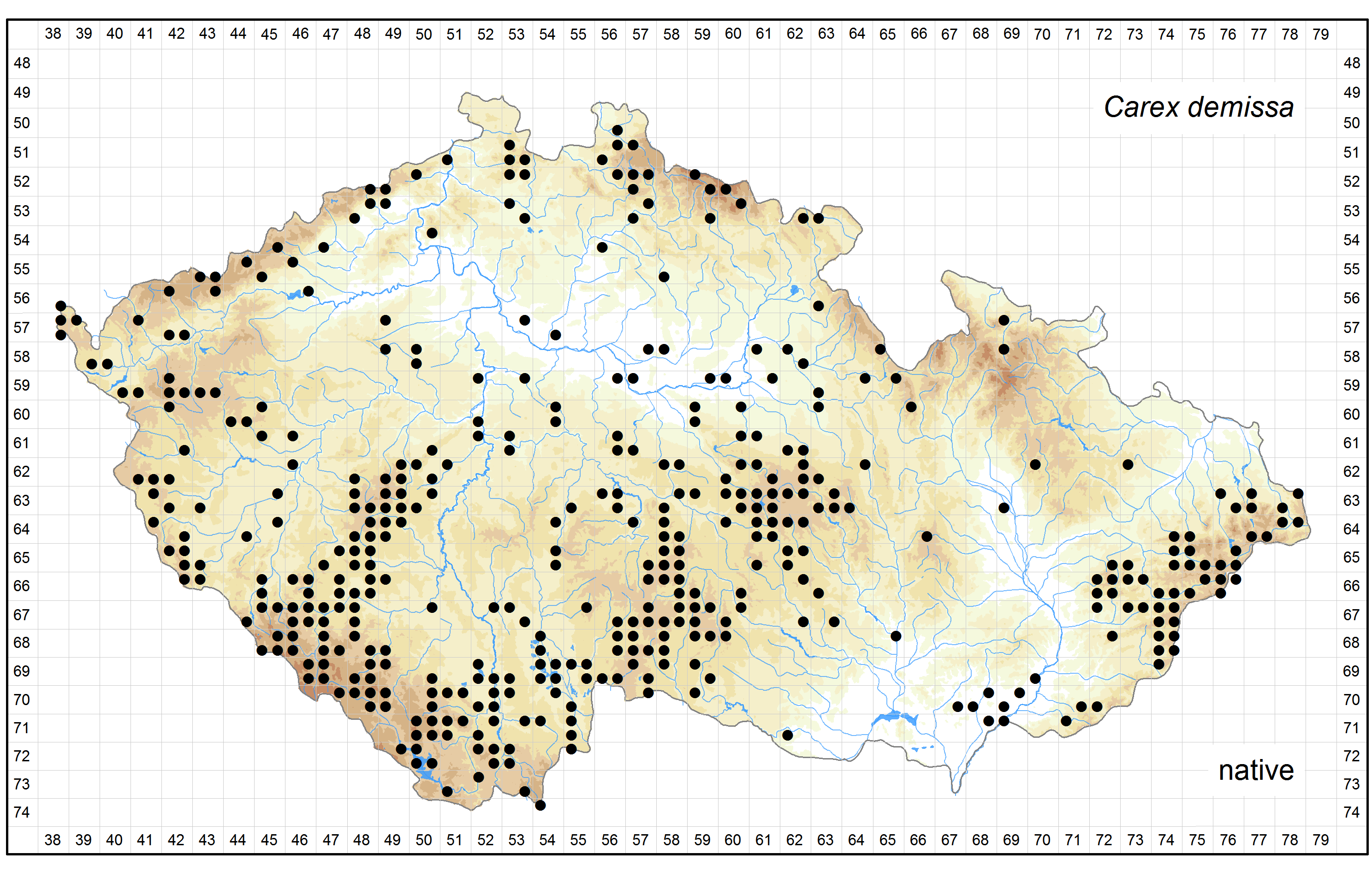 Distribution of Carex demissa in the Czech Republic Author of the map: Jitka Štěpánková Map produced on: 18-11-2015 Database records used for producing the distribution map of Carex demissa published