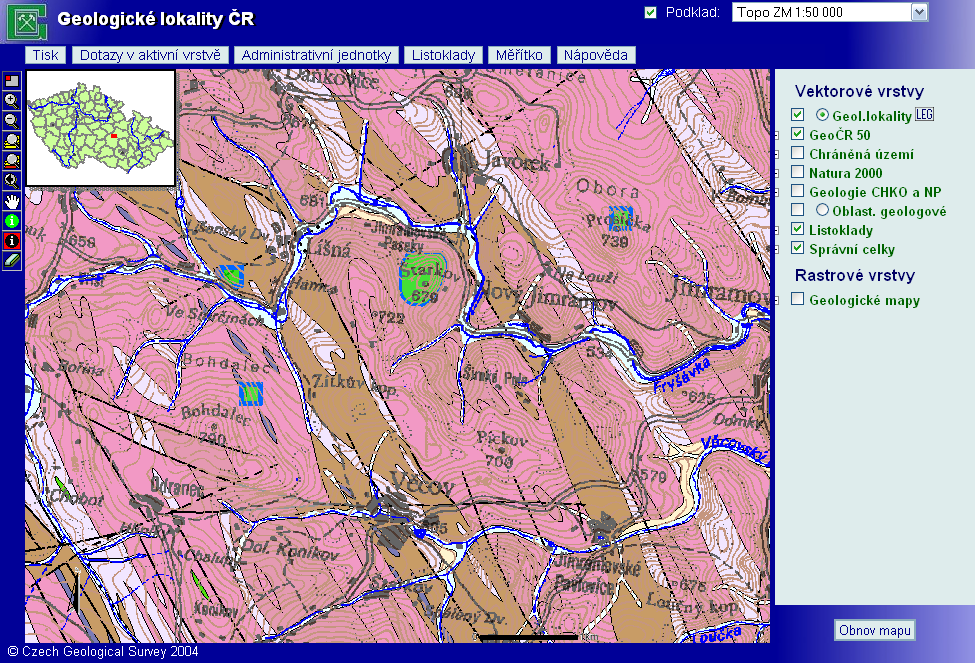 Druhá sekce zpřístupňuje prostorová data z geodatabáze ČGS.