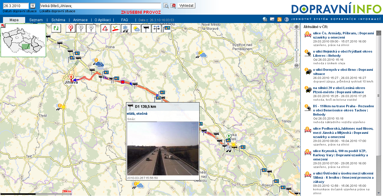 zatím na vybraných lokalitách v Praze a Brně. Mapový podklad pro vizualizaci dopravních informací vznikl z dat spravovaných společností Central European Data Agency, a. s. (CEDA).