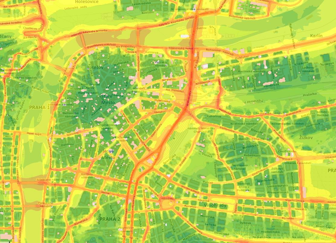 Vzhledem k průběhu hlavních dopravních tepen hustě osídlenými oblastmi představuje Praha dlouhodobě jedno z nejpostiženějších měst v České republice, viz následující obrázek.