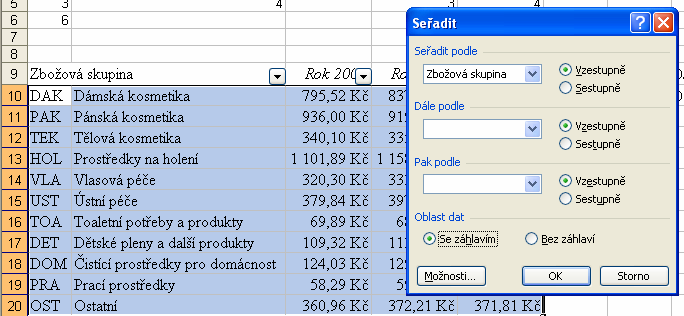 Funkce pro práci se seznamem - Setřídění označit seznam i se záhlavím z menu zvolit Data/Seřadit.