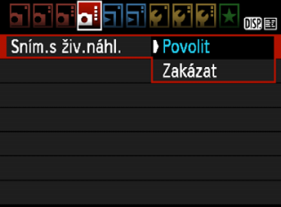 A Fotografování pomocí displeje LCD Povolení snímání s živým náhledem Nastavte položu [Sním.s živ.náhl.] na hodnotu [Povolit]. V režimech záladní zóny bude položa [Sním.s živ.náhl.] zobrazena na art [2] a v režimech reativní zóny na art [z].