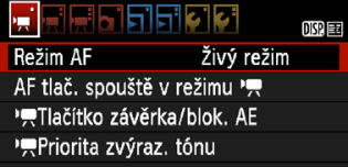 3 Nastavení funcí nabídy Níže jsou vysv tleny možnosti nabídy, teré se zobrazují na artách [w], [x] a [y]. Karta [w] Režim AF Režimy AF budou stejné, jao je uvedeno na stránách 128 134.