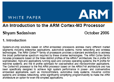 Jádro ARM Cortex M3 Volně dostupné materiály: Sadasivan S.:An Introduction to the ARM Cortex-M3 Processor (www.arm.com) DUI 0552A_Cortex - M3devices generic user Guide (www.arm.com) DDI 0337E Cortex -M3 Revision: r1p1 Technical Reference Manual (www.