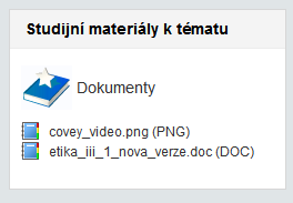 V kurzu během studia je možné se kdykoliv podívat a prokliknout na studijní materiály přes modul Studijní materiály ke kurzu v levé části obrazovky (umístění pod seznamem Modulů): 2) Dokumenty a