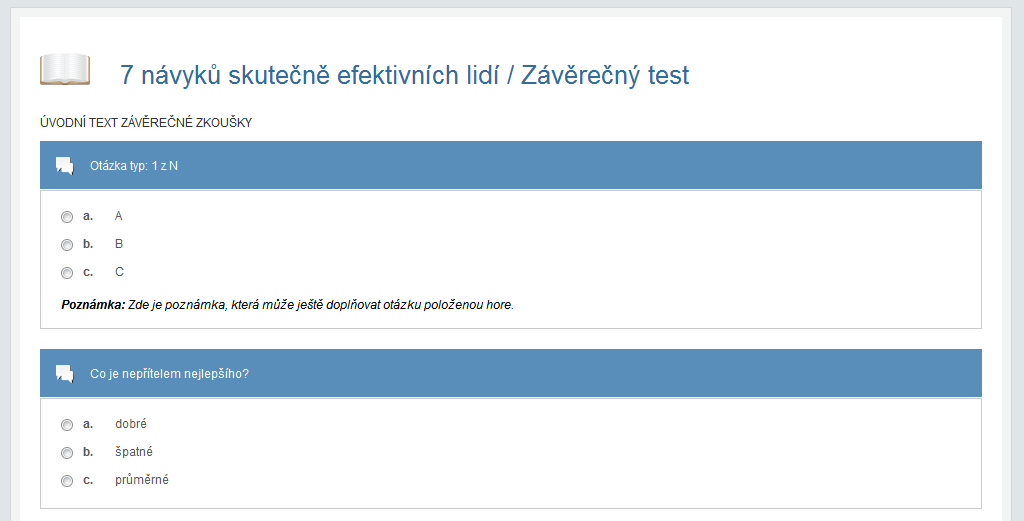 Úvodní obrazovka závěrečné zkoušky: Důležité informace o zkoušky a předchozích vypracováních.