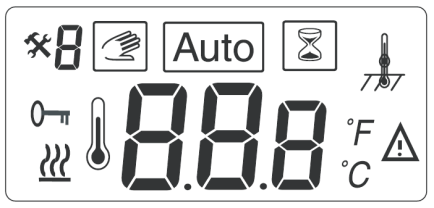 Symboly na displeji Nastavená hodnota pro teplotu místnosti nebo podlahy nebo kód chyby Topný kabel zapnutý Chyba Uzamčená nastavení Kalibrační režim Číslo menu Manuální režim Automatický režim