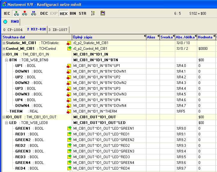 3.30.2. Struktura předávaných dat Jednotka obsahuje celkem 3 zařízení : 3.30. WSB2-80 - zarizeni 1, vstupni, 8*DI (tlacitka) - zarizeni 2, vystupni, 8*DO (LED) - zarizeni 3, vstupni, 1*AI (teplomer)