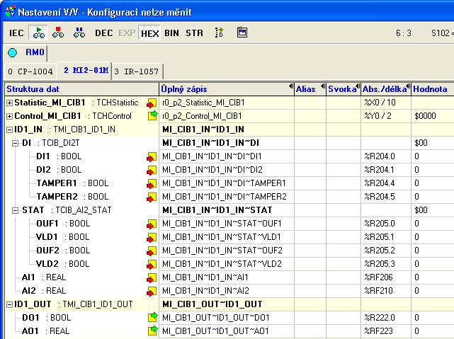 3.38. C-IR-0202S Obr. 3.118 Struktura předávaných dat Vstupní data DI STAT AI1 AI2 DI - stav binárních vstupů, signalizace tamper stavu EZS vstupů (8x typ bool) - - TAMPER2 TAMPER1 - - DI2 DI1 Bit.7.