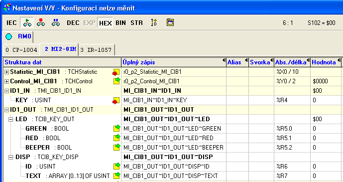 3.15.2. Struktura předávaných dat Jednotka obsahuje celkem 3 zařízení : 3.15. KEY2-01 - zarizeni 1, vstupni, 1*KEY (klavesa) - zarizeni 2, vystupni, 3*DO (LED + bzucak) - zarizeni 3, vystupni,