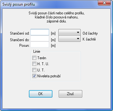 Kapitola 20 Pomůcky Posun profilu vodorovně Příkaz menu Pomůcky / Posun profilu vodorovně otevírá toto okno: Příkaz pracuje tak, že ke staničením, na všech datových panelech přičte (odečte záporné)