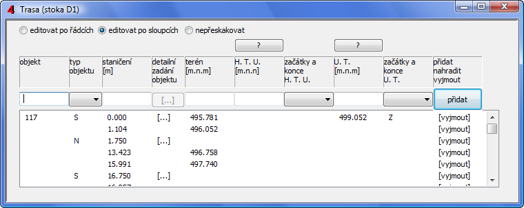 Kapitola 4 Panel Trasa Panel Trasa sdružuje data objektů (šachet, nádrží, přípojek) a lomových bodů terénu. Panel pracuje s niveletami tří linií: terénu, hrubých terénních úprav (H.T.U.