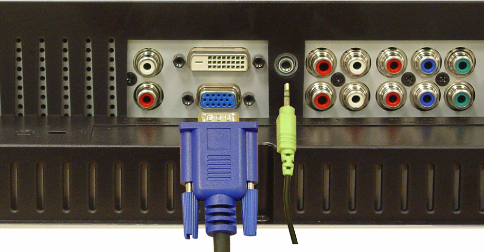 Použití konektoru VGA POZNÁMKA: Pro připojení počítače lze použít jen jeden konektor, VGA nebo DVI. 1 Vypněte televizor a odpojte napájecí kabel. 2 Připojte modrý kabel VGA k televizoru a počítači.