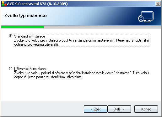 3.4. Zvolte typ instalace Dialog Zvolte typ instalace vám dává na výběr mezi standardní a uživatelskou instalací.