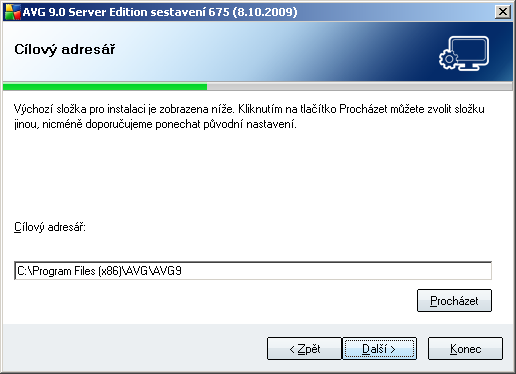 V instalaci pokračujte stiskem tlačítka Další. Pokud jste v předchozím kroku zvolili standardní instalaci, přejdete rovnou do dialogu Probíhá instalace.