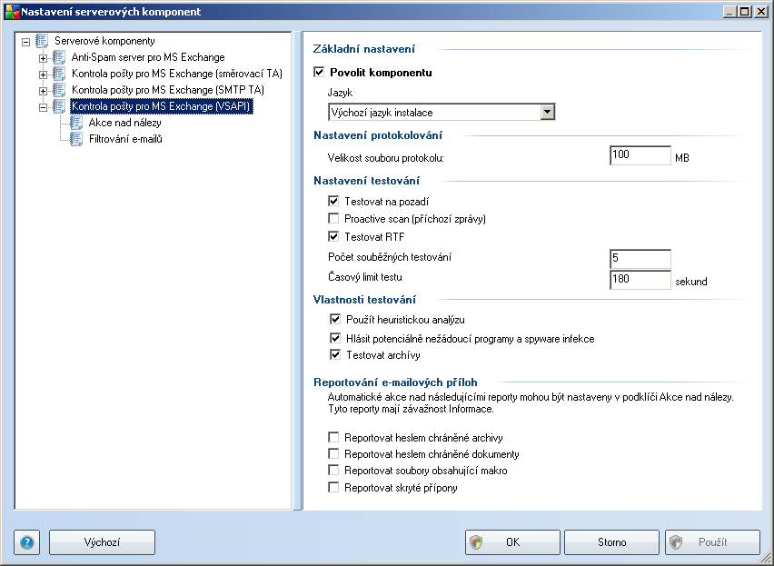 4.4. Kontrola pošty pro MS Exchange (VSAPI) Tato položka obsahuje možnosti nastavení Kontroly pošty pro MS Exchange (VSAPI).
