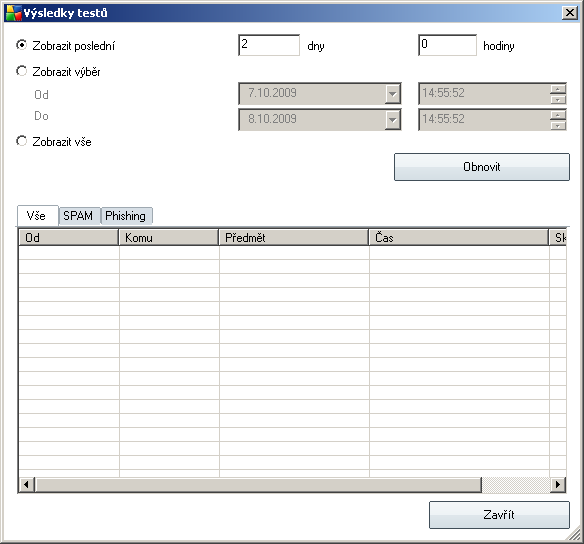 Výsledky testů Otevře nový dialog s přehledem výsledků testů: Zde můžete zkontrolovat zprávy označené buď jako SPAM (nevyžádaná pošta) nebo pokus o Phishing (zcizení osobních údajů, identity,